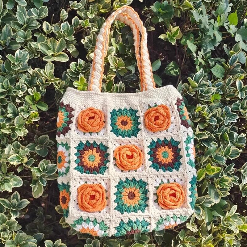 Granny Square Hand-Knitted Bag — Crochet DIY Kit | Wool Knit Camellia Shoulder Bag | Handmade Gift