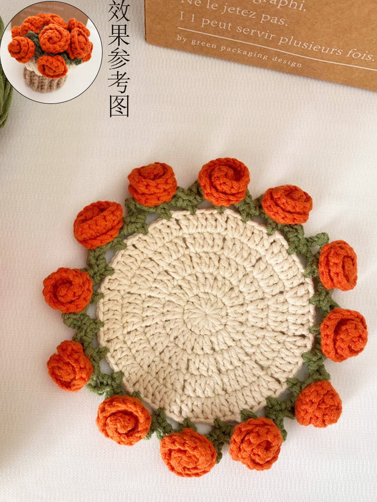 Mini rose bouquet blanket coaster yarn crochet DIY knitting kit