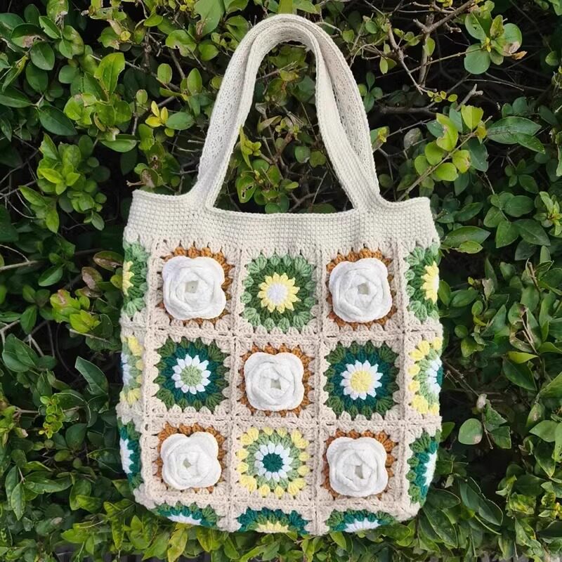 Granny Square Hand-Knitted Bag — Crochet DIY Kit | Wool Knit Camellia Shoulder Bag | Handmade Gift
