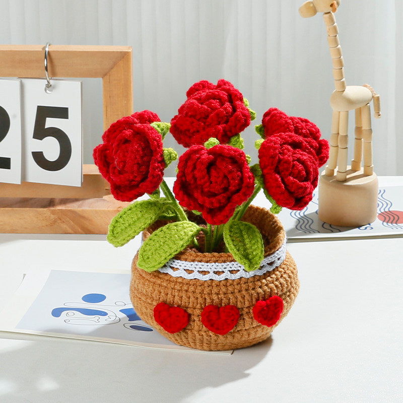 Hand-Woven Flower Bouquet DIY Kit — Featuring Miniature Potted Lotus, Sunflowers, and Handcrafted Crocheted Roses