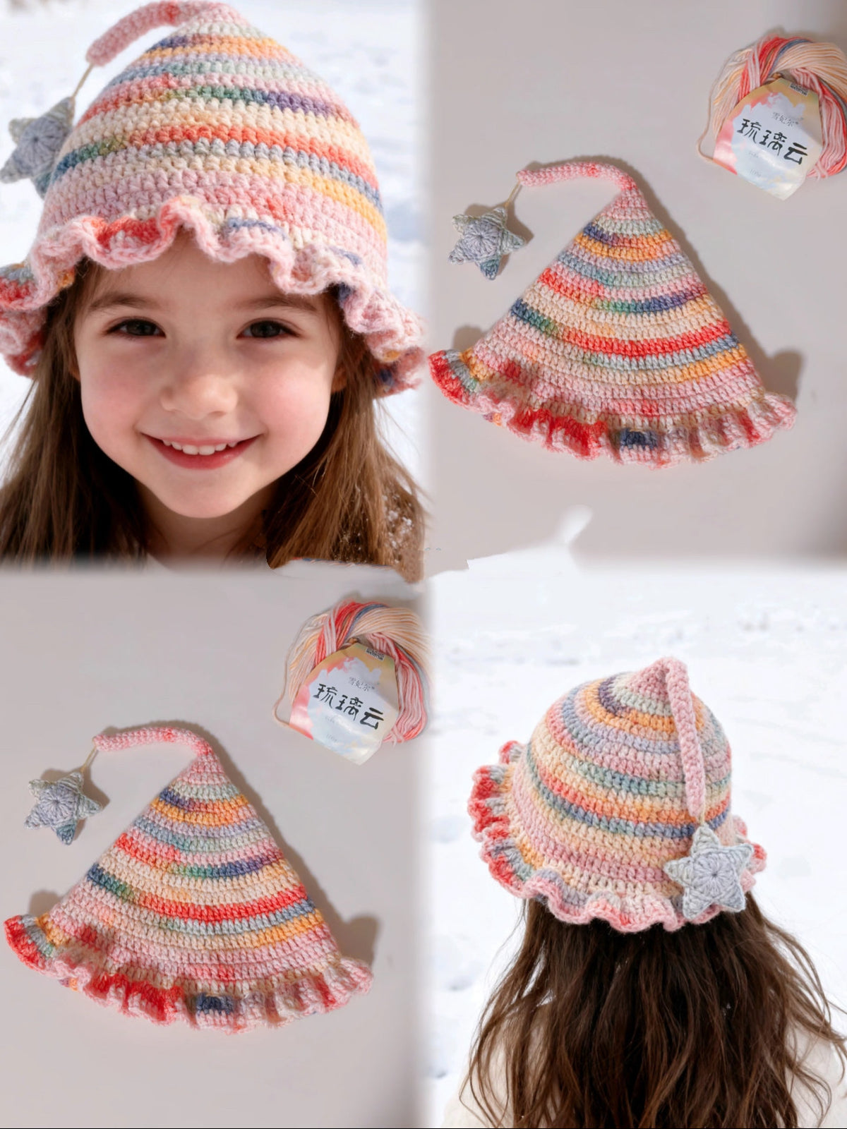 Snowflake Hand-knitted 8-strand variegated yarn DIY handmade elf hat crochet autumn and winter hand-knitted scarf