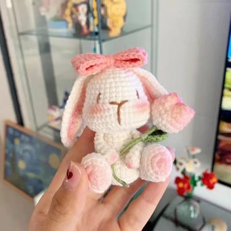 Cute handmade knitted lop-eared rabbit doll, granny check DIY kit, homemade yarn car decoration gift