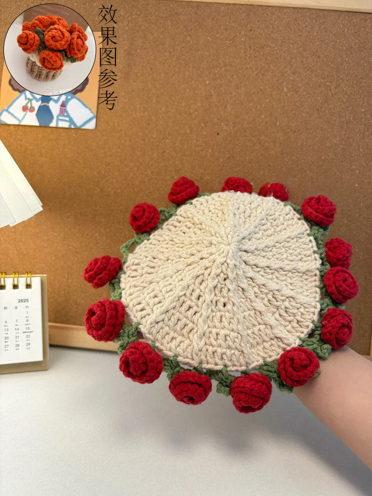 Mini rose bouquet blanket coaster yarn crochet DIY knitting kit