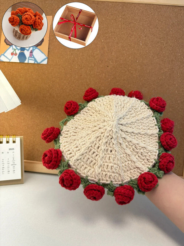 Mini rose bouquet blanket coaster yarn crochet DIY knitting kit