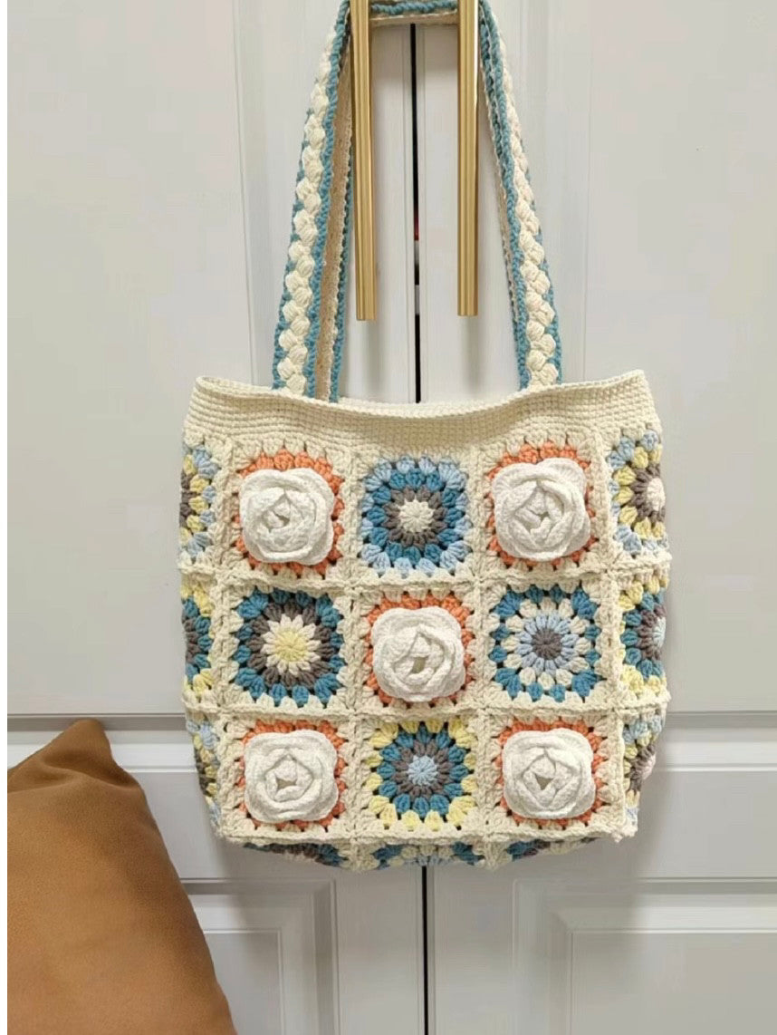 Camellia hand-knitted shoulder handbag diy material bag wool crochet granny bag gift homemade