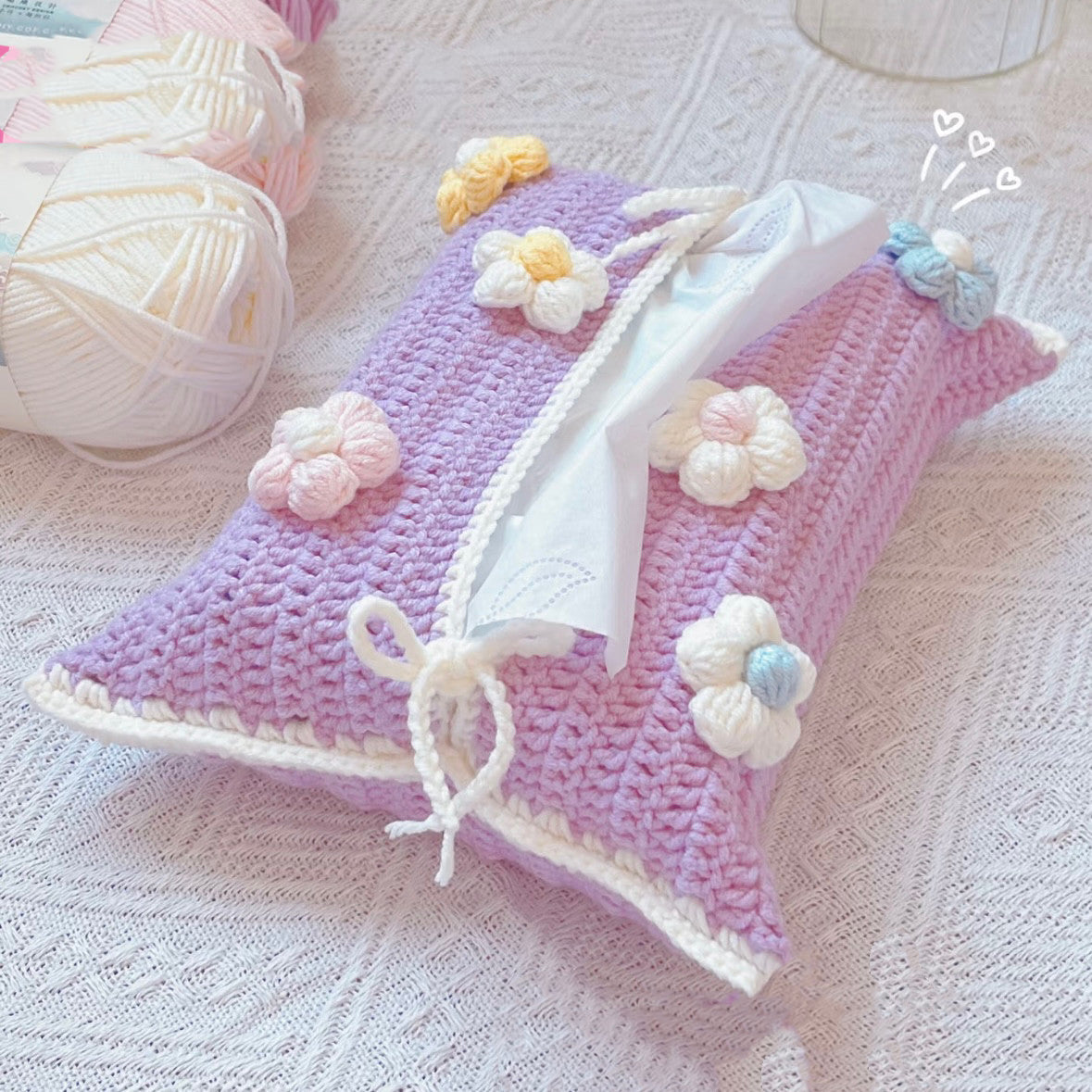 Puff Flower Strawberry Lily of the Valley Tissue Box Knitting DIY Material Kit Yarn Crochet Hook Tissue Box