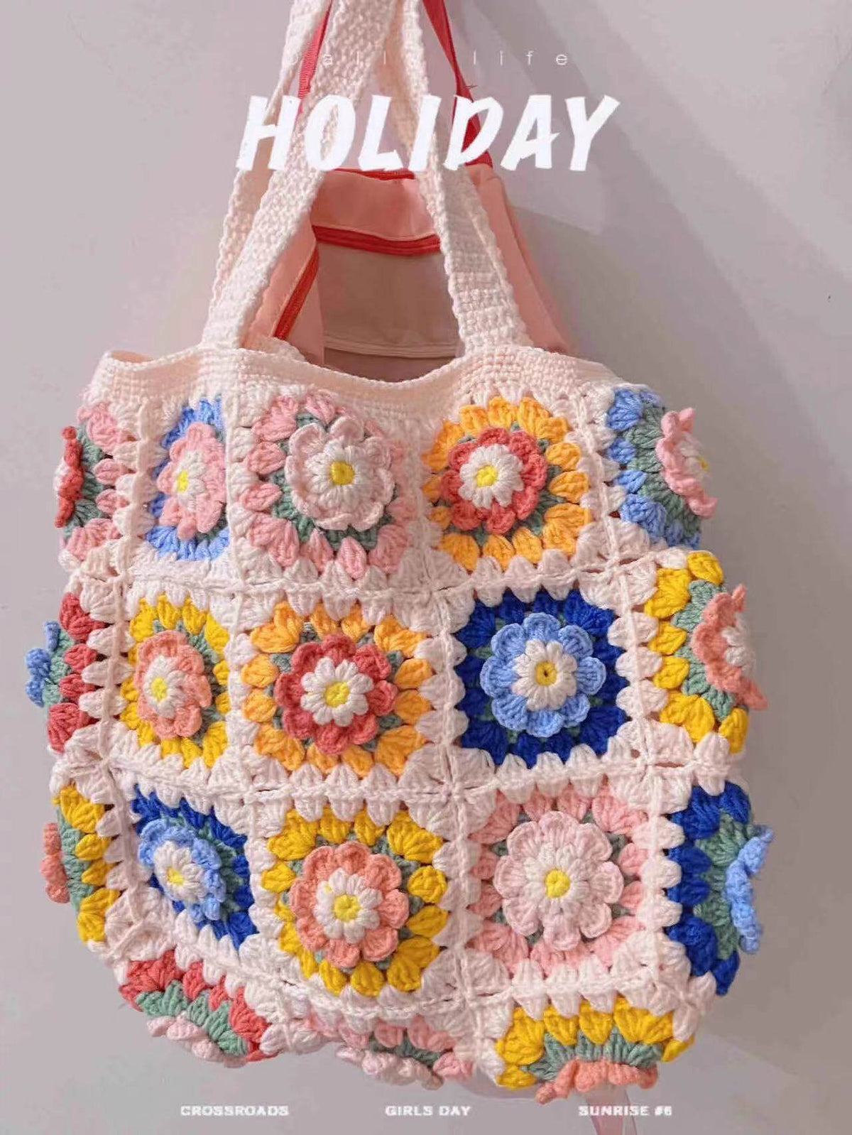 Camellia hand-knitted shoulder handbag diy material bag wool crochet granny bag gift homemade