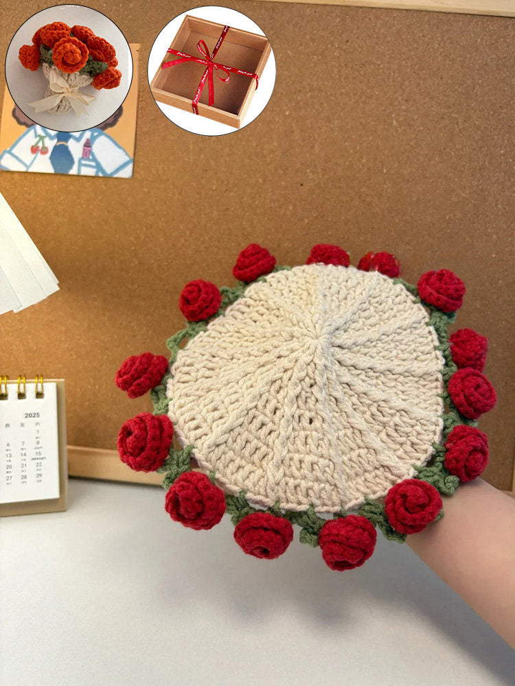 Mini rose bouquet blanket coaster yarn crochet DIY knitting kit