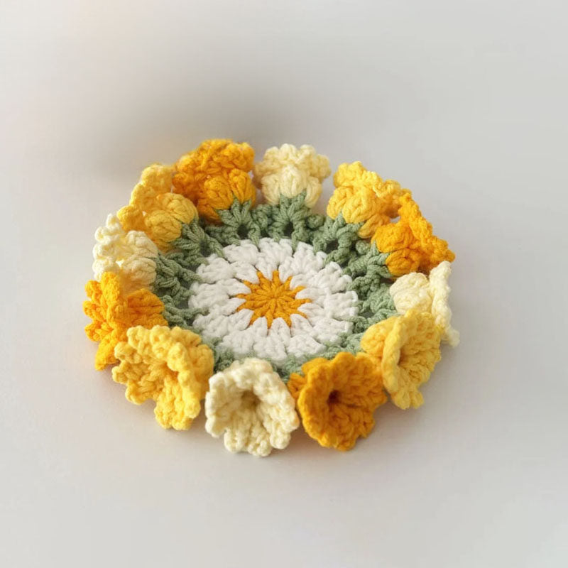 Daisy bouquet coaster DIY crochet kit with lily of the valley hand-knitted roses
