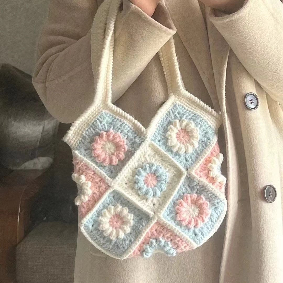 Camellia hand-knitted shoulder handbag diy material bag wool crochet granny bag gift homemade