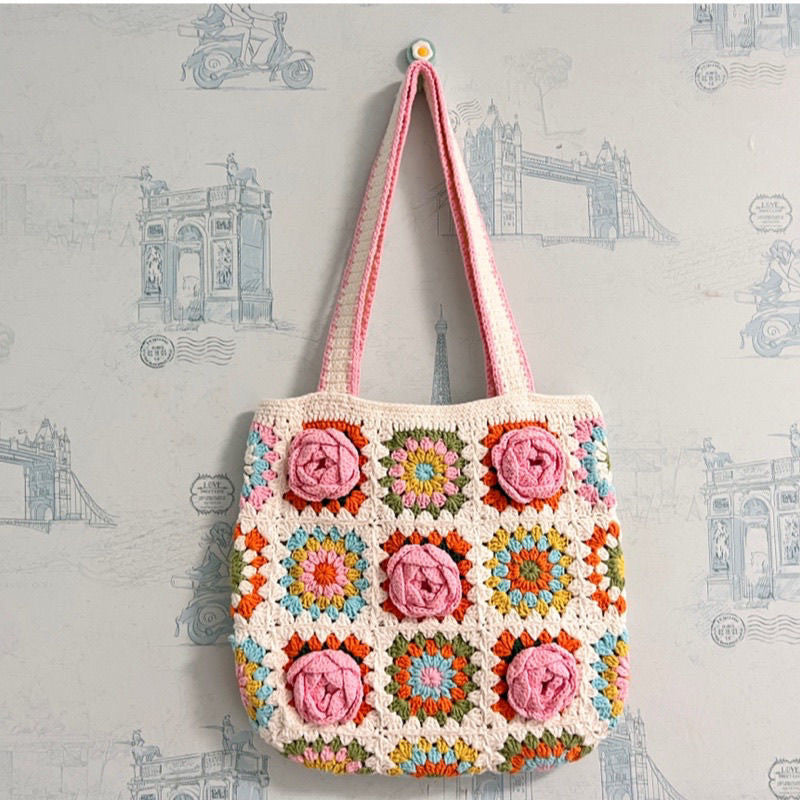 Camellia hand-knitted shoulder handbag diy material bag wool crochet granny bag gift homemade