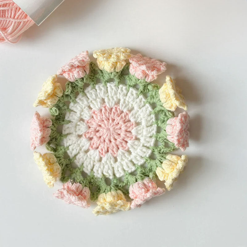 Daisy bouquet coaster DIY crochet kit with lily of the valley hand-knitted roses