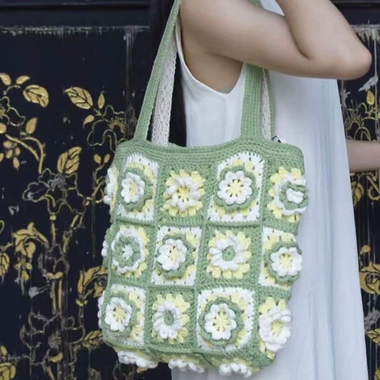 Camellia hand-knitted shoulder handbag diy material bag wool crochet granny bag gift homemade