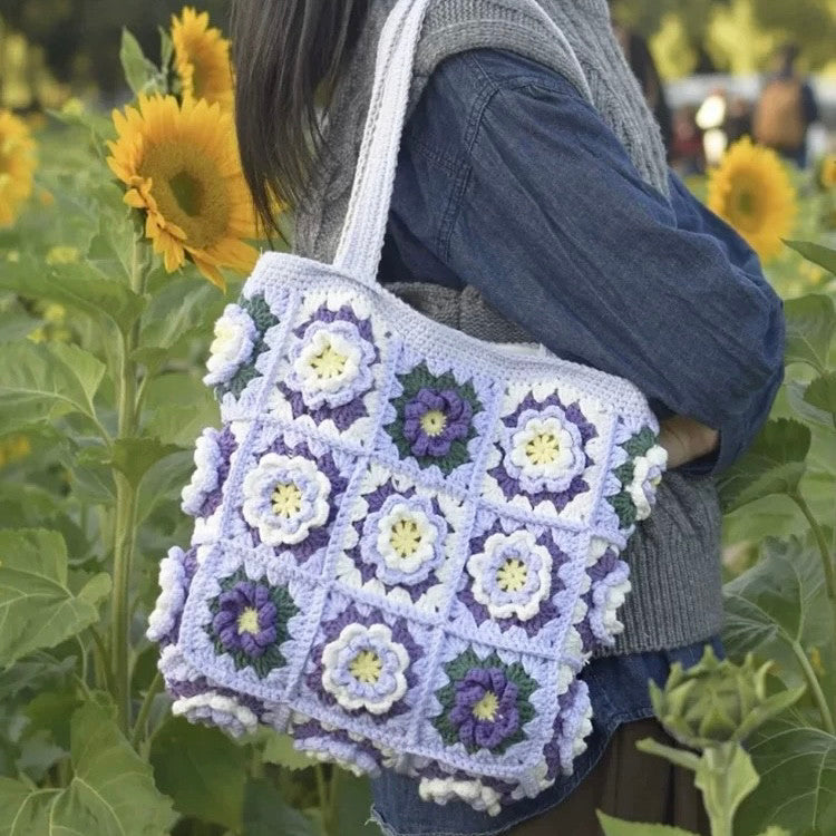 Camellia hand-knitted shoulder handbag diy material bag wool crochet granny bag gift homemade
