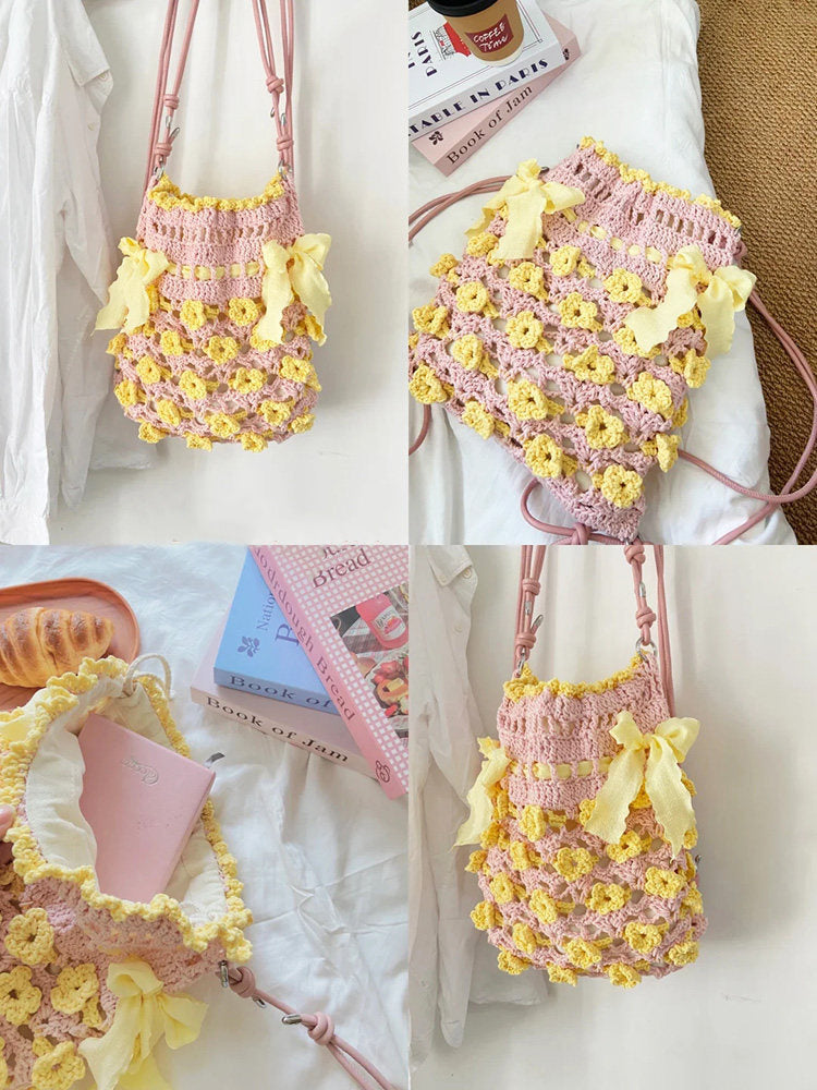 Hand-Woven Bag DIY Kit — Crochet Yarn & Materials — Hollow Cotton "Petal" Crossbody Bag (Gift)