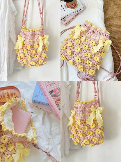 Hand-Woven Bag DIY Kit — Crochet Yarn & Materials — Hollow Cotton "Petal" Crossbody Bag (Gift)