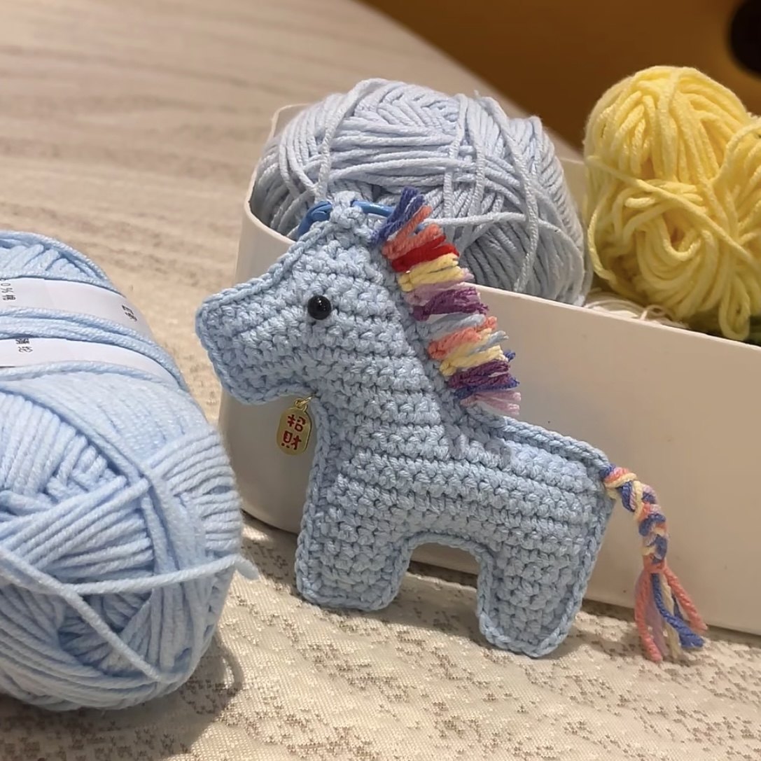 DIY Crocheted Horse Year Keychain with Wooden Horse Doll - Homemade Yarn Kit