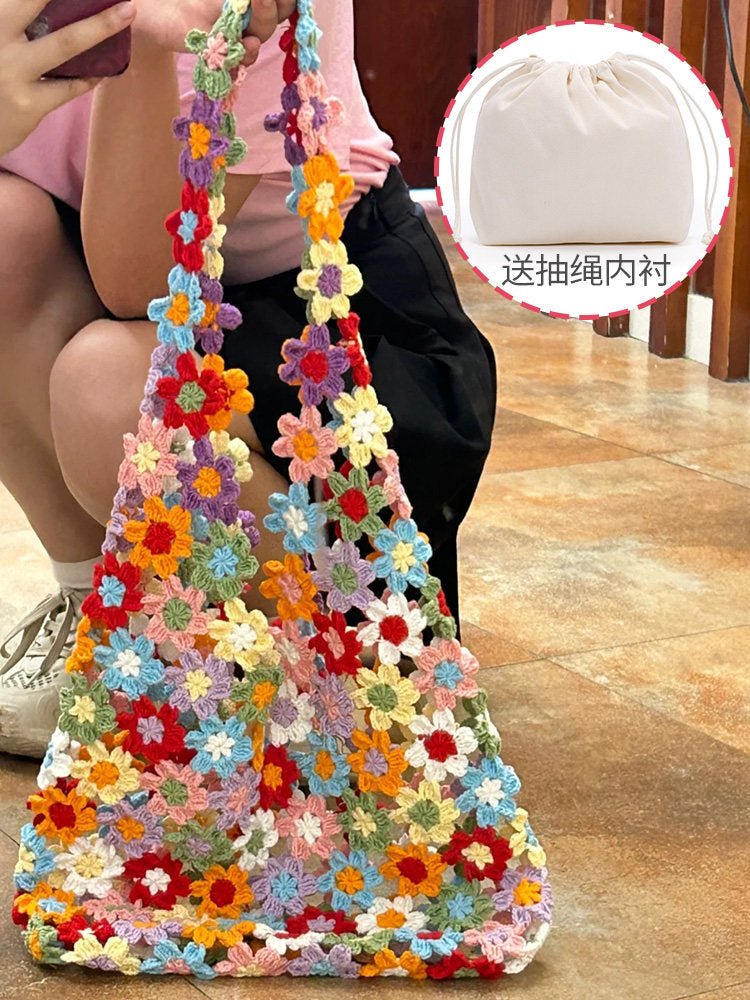 DIY Crochet Bag Material Kit with Yarn, Homemade Knitted Flower Shoulder Bag