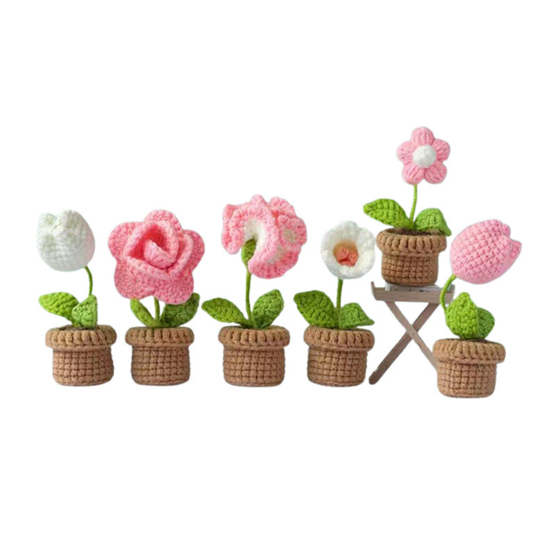 Crochet DIY kit Mini potted plant bouquet, handmade yarn flowers, homemade tulips, car ornaments