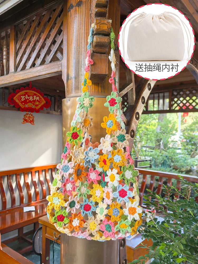 DIY Crochet Bag Material Kit with Yarn, Homemade Knitted Flower Shoulder Bag