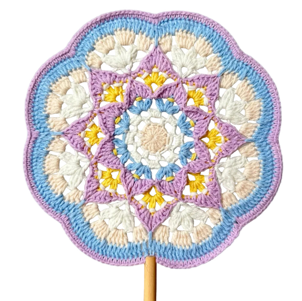 DIY crochet fan kit with traditional Chinese style, featuring Dunhuang patterns, for handmade crafts, including coasters and fans as gifts.