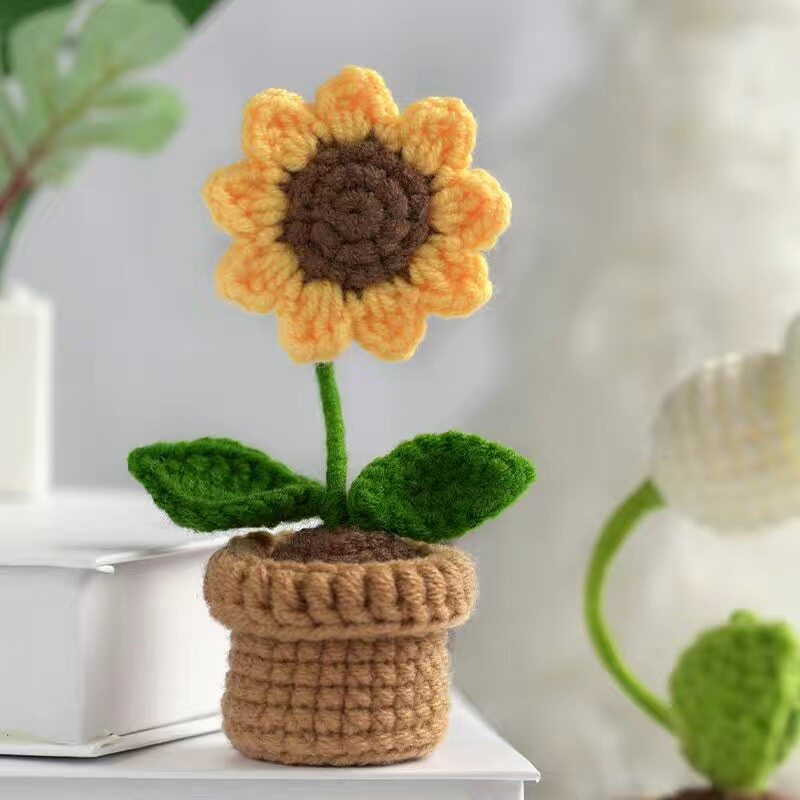 Crochet DIY kit Mini potted plant bouquet, handmade yarn flowers, homemade tulips, car ornaments